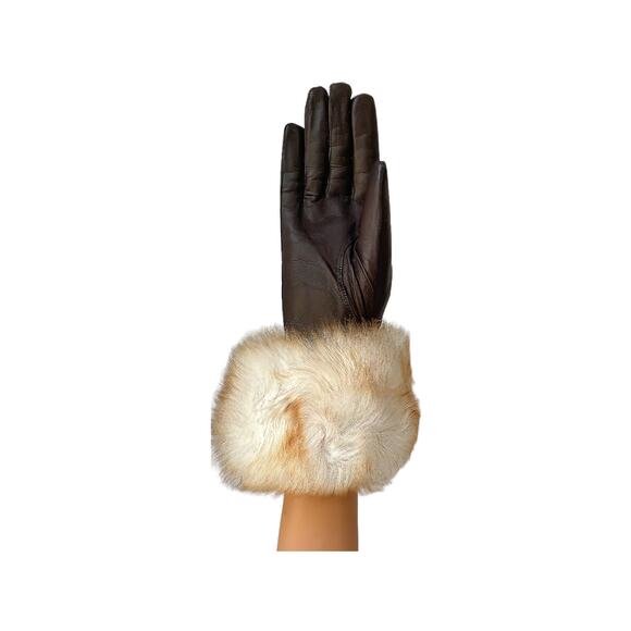 1970s Jordan Marsh Chocolate Brown Leather & Fox Fur Cuffs Women's Formal Gloves - Picture 4 of 8